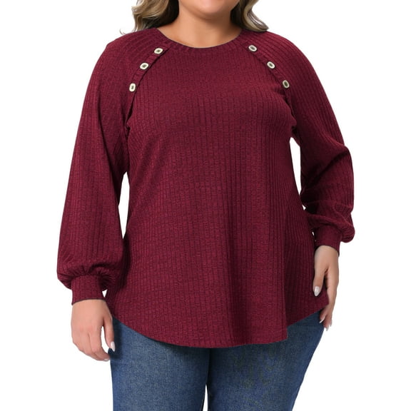 Agnes Orinda Women's Plus Size Tops Ribbed Knit Crew Neck Long Sleeve Casual Tunic Blouses with Button Decor 1X Burgundy