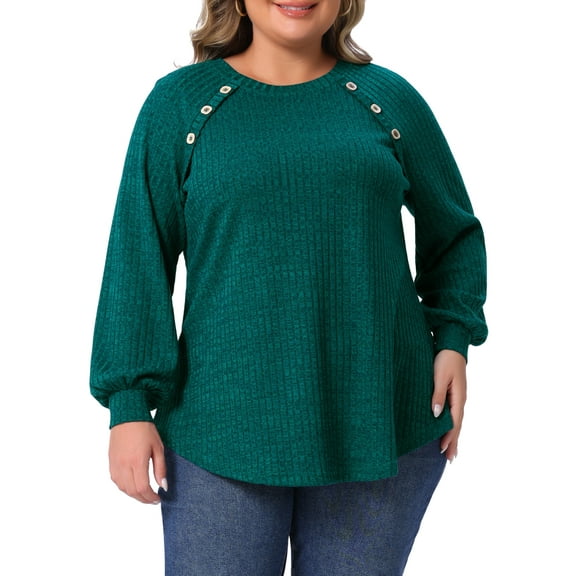 Agnes Orinda Women's Plus Size Tops Ribbed Knit Crew Neck Long Sleeve Casual Tunic Blouses with Button Decor 1X Green