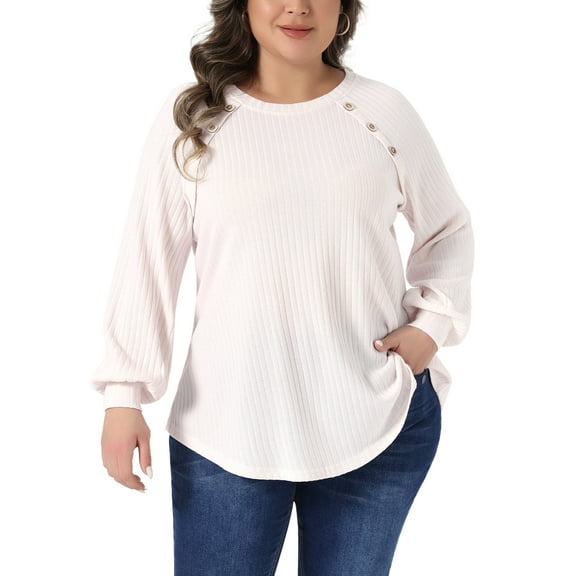 Agnes Orinda Women's Plus Size Tops Ribbed Knit Crew Neck Long Sleeve Casual Tunic Blouses with Button Decor 1X Light Pink