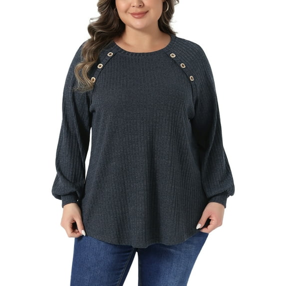Agnes Orinda Women's Plus Size Tops Ribbed Knit Crew Neck Long Sleeve Casual Tunic Blouses with Button Decor 2X Gray Black