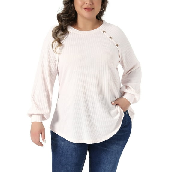 Agnes Orinda Women's Plus Size Tops Ribbed Knit Crew Neck Long Sleeve Casual Tunic Blouses with Button Decor 2X Light Pink
