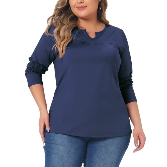 Agnes Orinda Women's Plus Size Tops Notched Gathered Neck Long Sleeve T-Shirts Loose Casual Tunic Blouses 4X Dark Blue