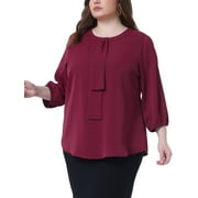 AGNES ORINDA Women's Plus Size Tops Work Round Neck Ruffle Chiffon Blouse Office Top 1X Wine Red