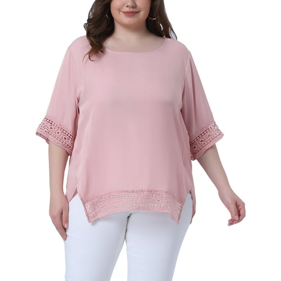 Agnes Orinda Women's Plus Size Tops Round Neck Lace Crochet Short Sleeve Shirts Casual Blouses 1X Light Pink