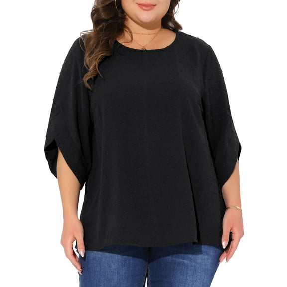 Agnes Orinda Women's Plus Size Swiss Dots Tops Petal Sleeve Curved Hem Round Neck Summer Casual Blouse 1X Black