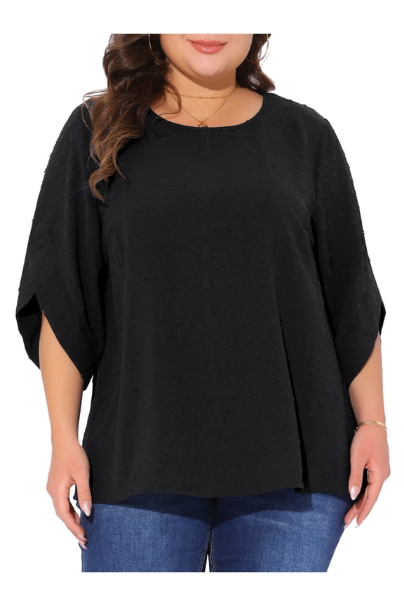 Women's Plus Size Swiss Dots Tops Petal Sleeve Curved Hem Round Neck Summer Casual Blouse 3X Black