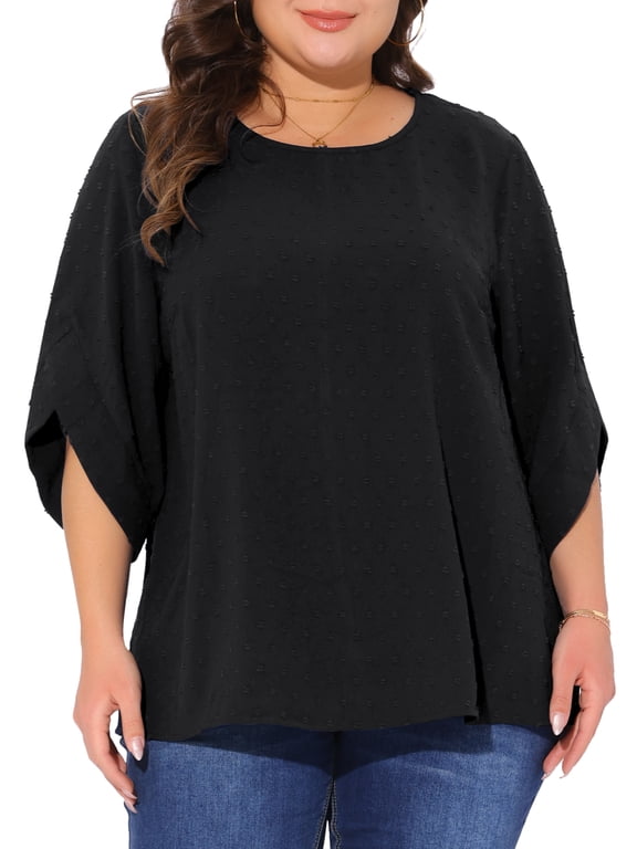 Women's Plus Size Swiss Dots Tops Petal Sleeves Curved Hem Round Neck Summer Casual Blouse 4X Black