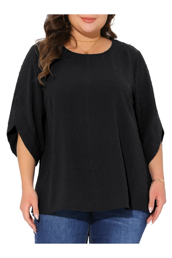 Women's Plus Size Swiss Dots Tops Petal Sleeve Curved Hem Round Neck Summer Casual Blouse 4X Black