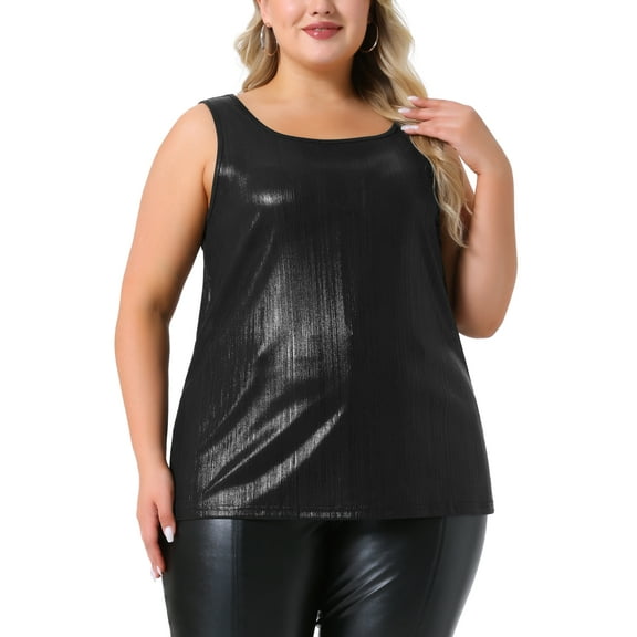 Agnes Orinda Women's Plus Size Tops Round Neck Sleeveless Party Clubwear Holographic Shiny Metallic Tank Top 3X Black