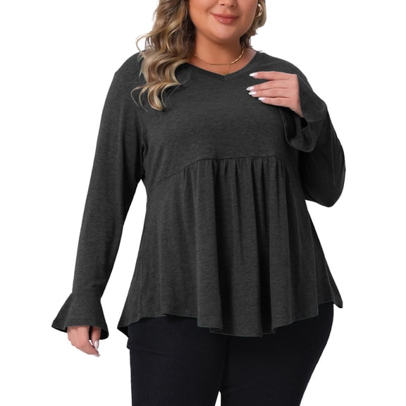 Agnes Orinda Women's Plus Size St. Patrick's Day Tops Ruffle Sleeve Curved Hem Pleat Peplum V Neck Casual Tunic Blouses 2X Black