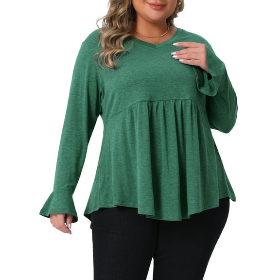 Agnes Orinda Women's Plus Size Tops Ruffle Sleeve Curved Hem Pleat Peplum V Neck Casual Tunic Blouses 2X Green
