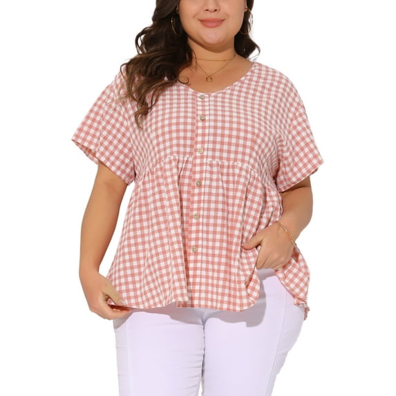 Agnes Orinda Women's Plus Size Gingham Tops Plaid Peplum Button Decor V Neck Short Sleeve Casual Babydoll Blouse 1X Pink