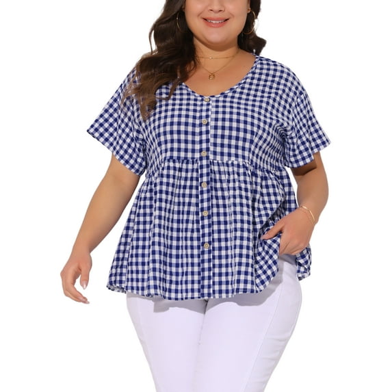 Agnes Orinda Women's Plus Size Gingham Tops Plaid Peplum Button Decor V Neck Short Sleeve Casual Babydoll Blouse 2X Blue