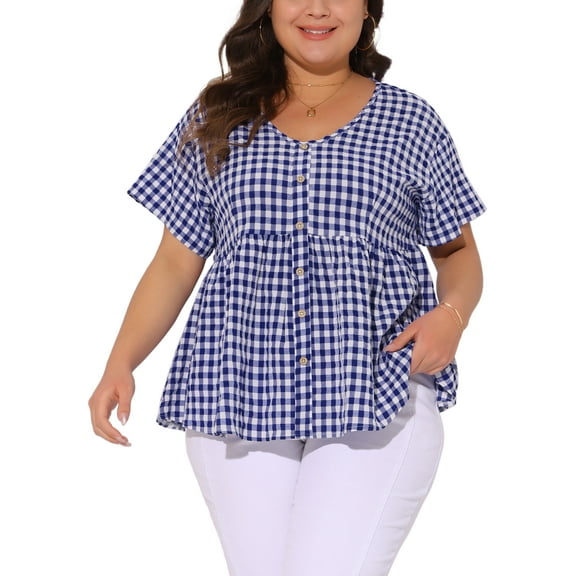 Agnes Orinda Women's Plus Size Gingham Tops Plaid Peplum Button Decor V Neck Short Sleeve Casual Babydoll Blouse 2X Blue