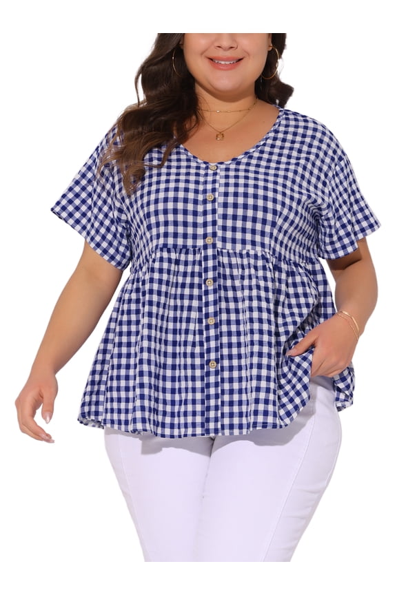Women's Plus Size School College Gingham Tops Plaid Peplum Button Decor V Neck Short Sleeve Casual Babydoll Blouse 3X Blue
