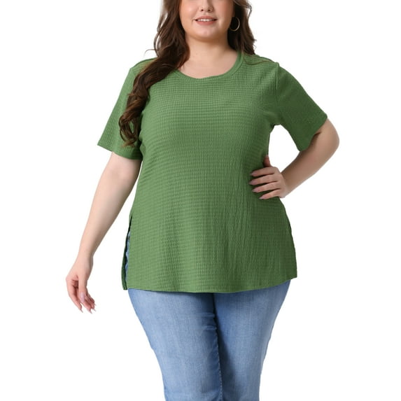 Agnes Orinda Women's Plus Size Tops Side Split Texture Crew Neck Short Sleeve T-Shirts Casual Tunic Blouse 3X Dark Green
