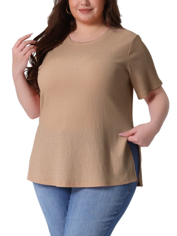 Women's Plus Size Tops Side Split Texture Crew Neck Short Sleeve T-Shirts Casual Tunic Blouse 3X Khaki