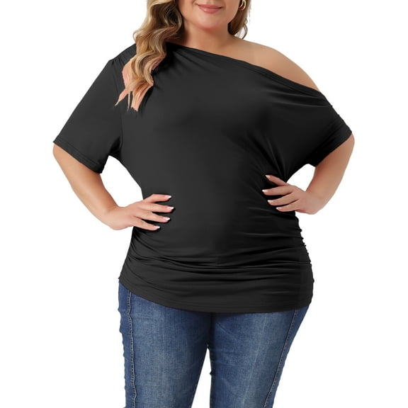 Agnes Orinda Women's Plus Size Tops Solid One Shoulder Short Sleeve Casual Blouses 2X Black