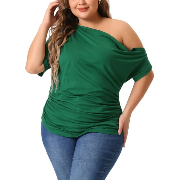 Agnes Orinda Women's Plus Size Tops Solid One Shoulder Short Sleeve Casual Blouses 2X Dark Green