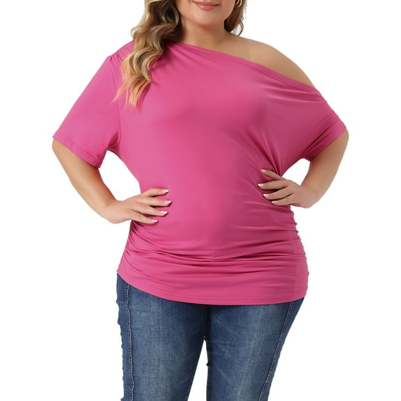 Agnes Orinda Women's Plus Size Tops Solid One Shoulder Short Sleeve Casual Blouses 2X Hot Pink