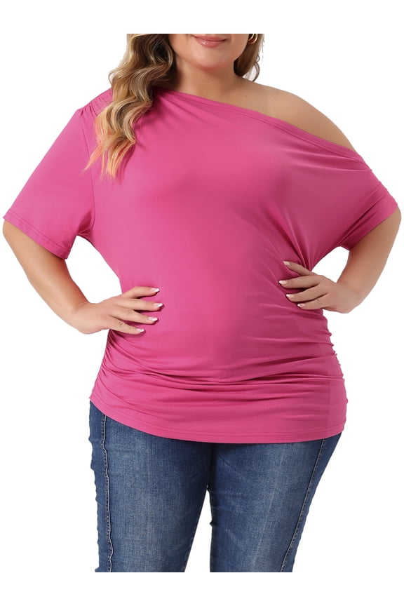 Women's Plus Size Tops Solid One Shoulder Short Sleeve Casual Blouses 2X Hot Pink