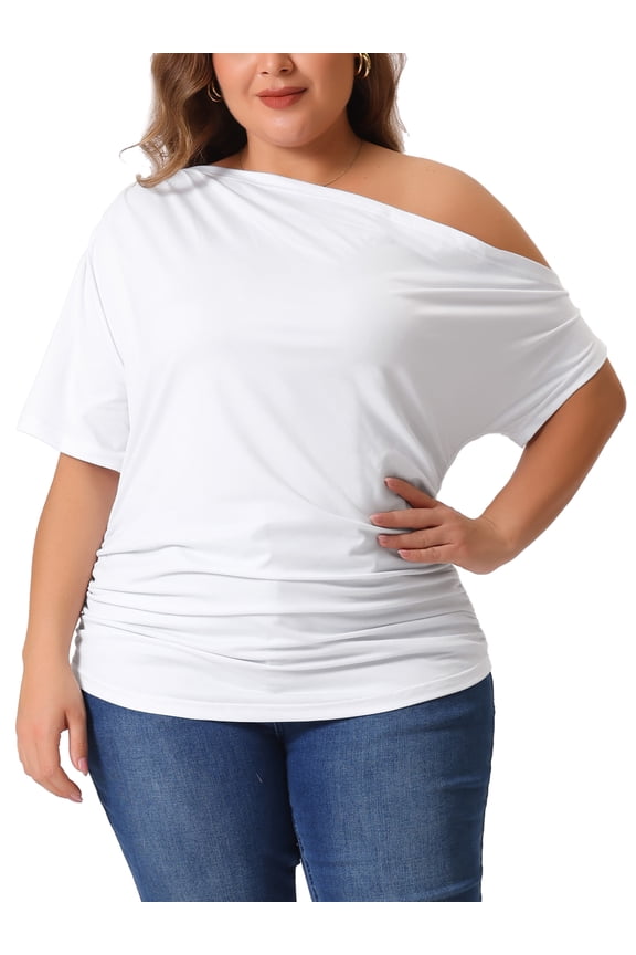 Women's Plus Size Tops Solid One Shoulder Short Sleeve Casual Blouses 2X White