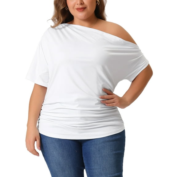 Agnes Orinda Women's Plus Size Tops Solid One Shoulder Short Sleeve Casual Blouses 4X White