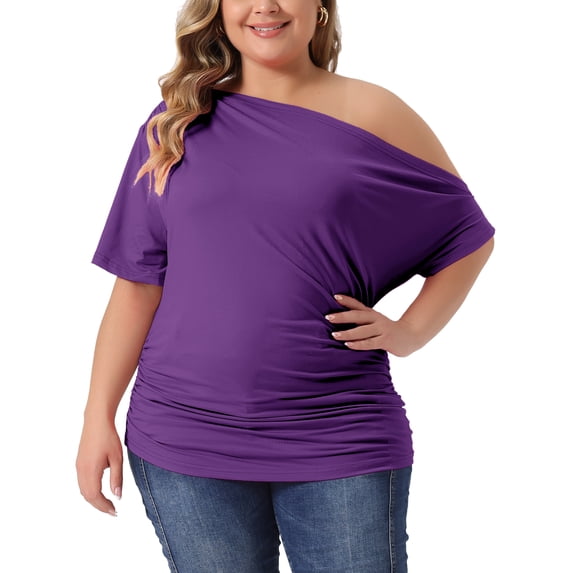 Agnes Orinda Women's Plus Size Tops Solid One Shoulder Short Sleeve Casual Blouses 2X Dark Purple