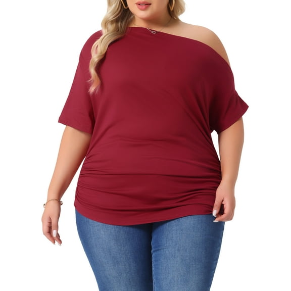 Agnes Orinda Women's Plus Size Tops Solid One Shoulder Short Sleeve Casual Blouses 3X Burgundy