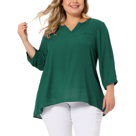 Agnes Orinda Women's Plus Size Tops Split Neck High Low Hem 3/4 Sleeves Chiffon Blouse 2024 3X Green