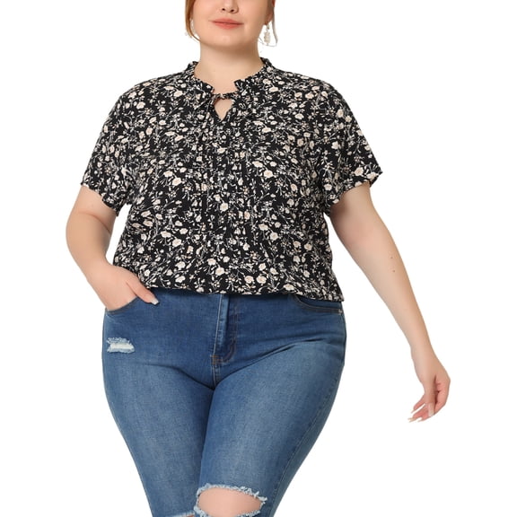 Agnes Orinda Women's Plus Size Floral Tops Pleated Tie Neck Short Sleeve Casual Summer Blouse 1X Black