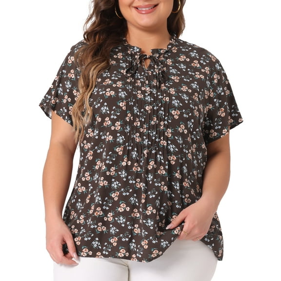 Agnes Orinda Women's Plus Size Floral Tops Pleated Tie Neck Short Sleeve Casual Summer Blouse 1X Brown