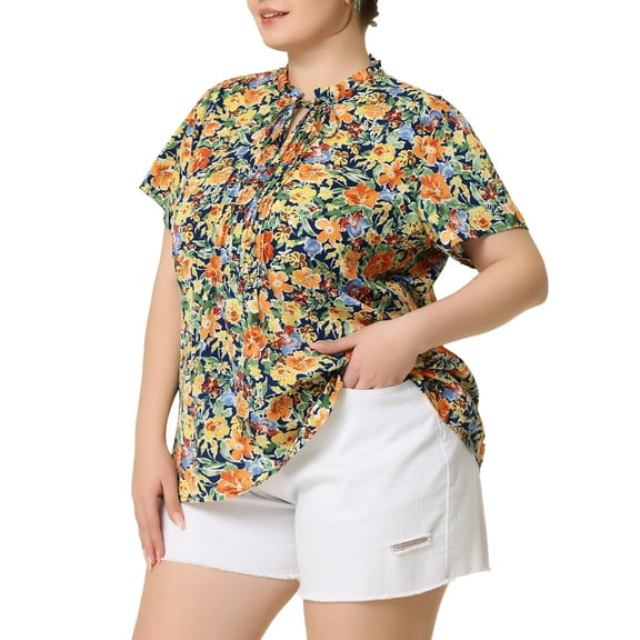 Agnes Orinda Women's Plus Size Floral Tops Pleated Tie Neck Short Sleeve Casual Summer Blouse 3X Dark Blue