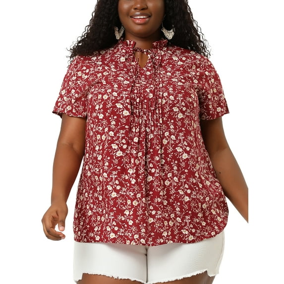 Agnes Orinda Women's Plus Size Floral Tops Pleated Tie Neck Short Sleeve Casual Summer Blouse 4X Burgundy