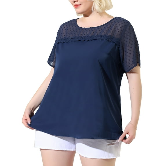Agnes Orinda Women's Plus Size Tops Polka Dots Lace Panel Short Sleeve Plain Summer Blouses 1X Navy Blue