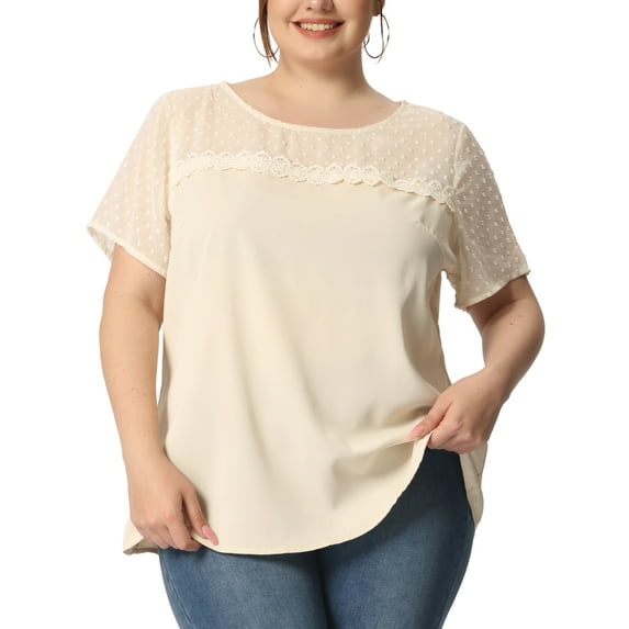 Agnes Orinda Women's Plus Size Tops Polka Dots Lace Panel Short Sleeve Plain Summer Blouses 2X Beige