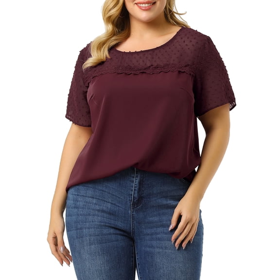 Agnes Orinda Women's Plus Size Tops Polka Dots Lace Panel Short Sleeve Plain Summer Blouses 2X Burgundy