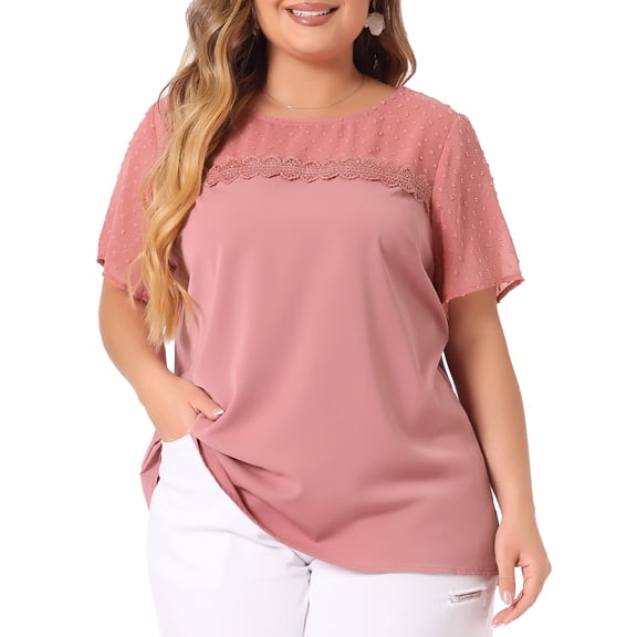 Agnes Orinda Women's Plus Size Tops Polka Dots Lace Panel Short Sleeve Plain Summer Blouses 4X Pink