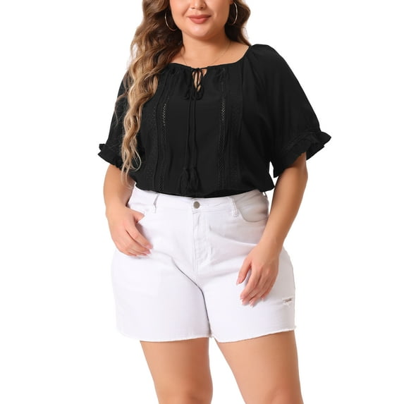 Agnes Orinda Women's Plus Size Tassel Shirts Summer Tops Hollow Out Ruffled Sleeve Lace Blouses 2X Black