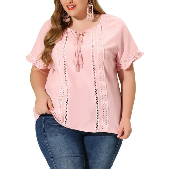 Agnes Orinda Women's Plus Size Tassel Shirts Summer Tops Hollow Out Ruffled Sleeve Lace Blouses 4X Pink