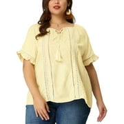AGNES ORINDA Women's Plus Size Tassel Shirts Summer Tops Hollow Out Ruffled Sleeve Lace Blouses 4X Yellow Cream