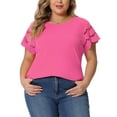 thumbnail image 1 of Agnes Orinda Women's Plus Size Tops Lace Panel Hollow Short Sleeves Spring Summer Solid Blouses 2X Hot Pink, 1 of 6