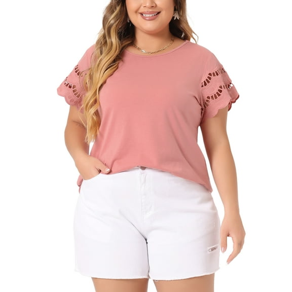 Agnes Orinda Women's Plus Size Tops Lace Panel Hollow Short Sleeves Spring Summer Solid Blouses 2X Pink
