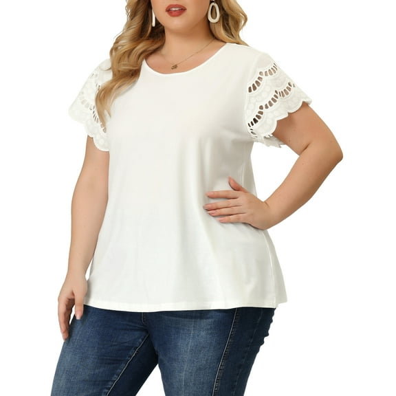 Agnes Orinda Women's Plus Size Tops Lace Panel Hollow Short Sleeves Spring Summer Solid Blouses 2X White