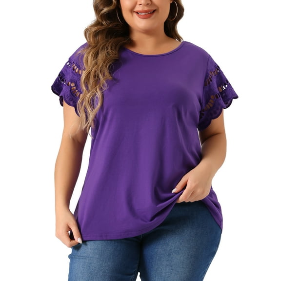 Agnes Orinda Women's Plus Size Tops Lace Panel Hollow Short Sleeves Spring Summer Solid Blouses 3X Purple