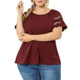 thumbnail image 1 of Agnes Orinda Women's Plus Size Tops Lace Panel Hollow Short Sleeves Spring Summer Solid Blouses 3X Wine Red, 1 of 7