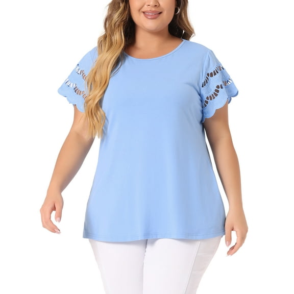 Agnes Orinda Women's Plus Size Tops Lace Panel Hollow Short Sleeves Spring Summer Solid Blouses 4X Blue