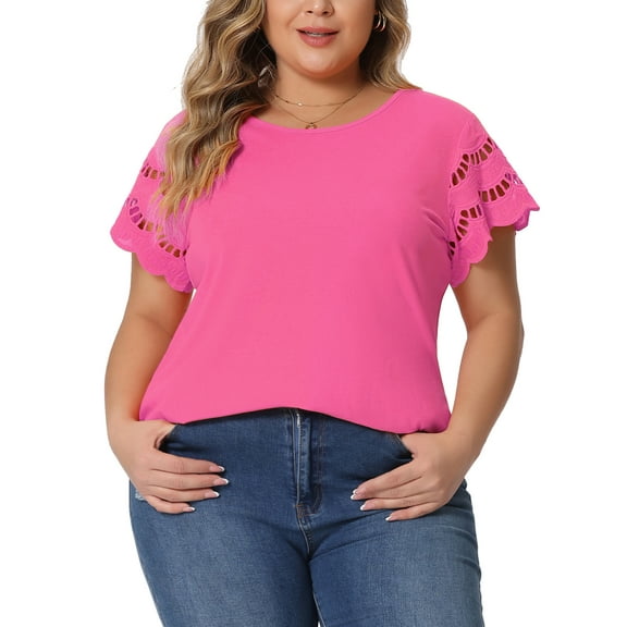 Agnes Orinda Women's Plus Size Tops Lace Panel Hollow Short Sleeves Spring Summer Solid Blouses 4X Hot Pink