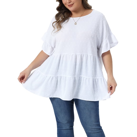 Agnes Orinda Women's Plus Size Tops Swiss Dots Back Tie Crew Neck Ruffle Short Sleeve Tiered Hem Summer Casual Blouses 2X White