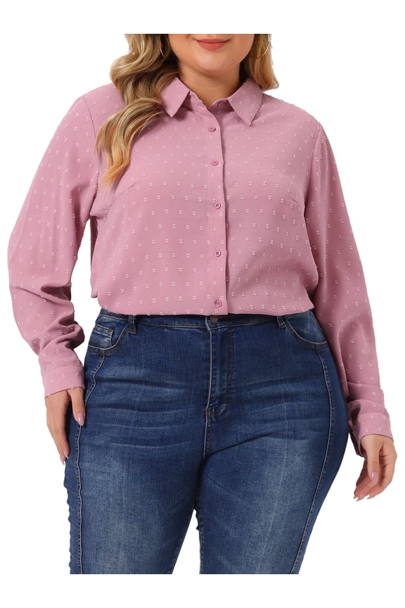 Women's Plus Size Tops Swiss Dots Long Sleeves Button Down Tee Shirt Blouses 1X Pink